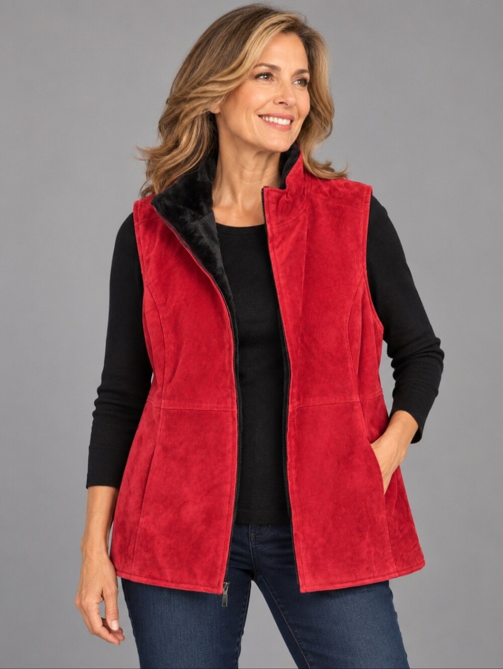 Denim & Co Red Genuine Suede Zip-Front Vest, Line plush faux-fur 1X Cozy